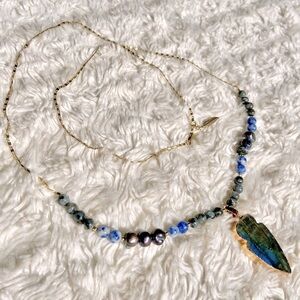 NEW 18K Gold Plated Agate Arrowhead Blue Spot Jasper Black Pearls Long Necklace
